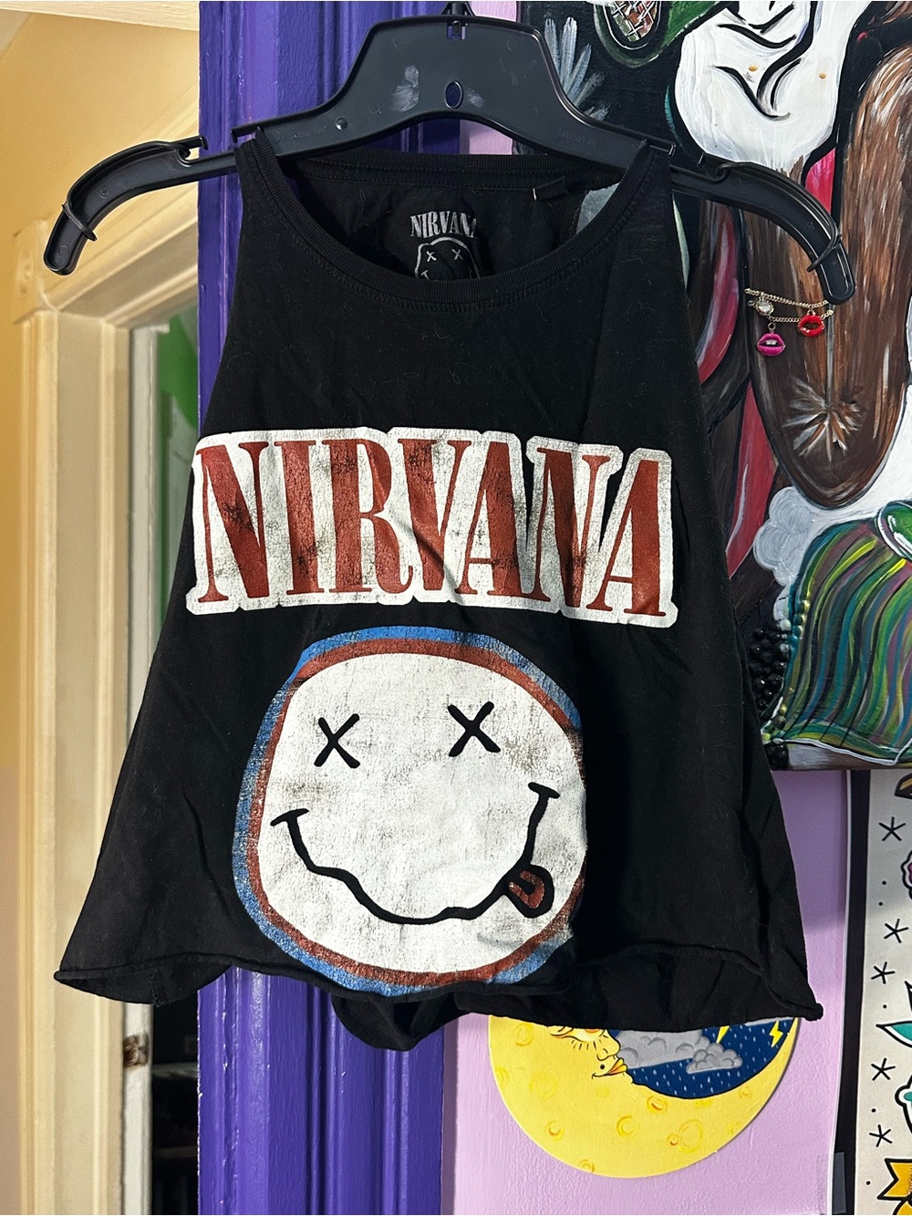 NIRVANA Black Crop Tank with White Smiley and Red Logo